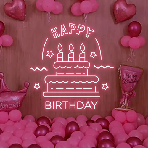 Big Happy Birthday Text with Cake Neon Sign - Neon Signs Now - UK