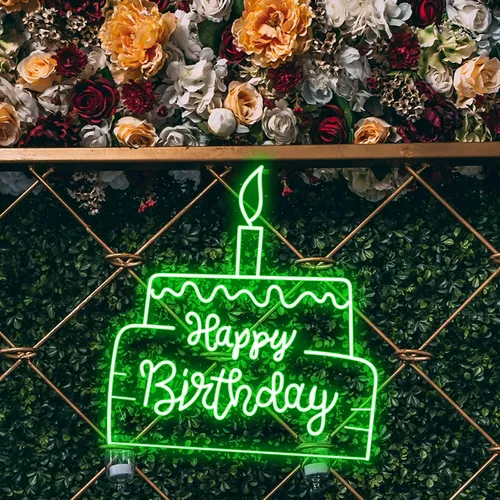 Happy Birthday Text in Big Cake Neon Sign - Neon Signs Now - UK