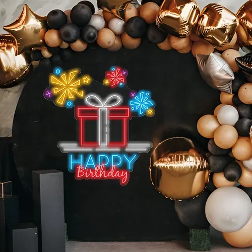 Happy Birthday with a Gift Box Neon Sign - Neon Signs Now - UK